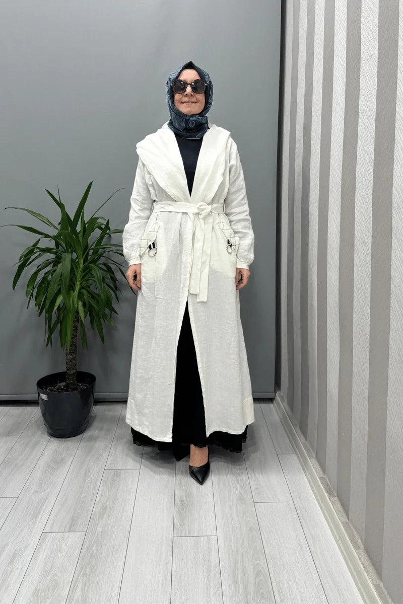 Misswhence Kapüşonlu Keten Kap 37401 - Beyaz - Görsel 1 #renk_beyaz