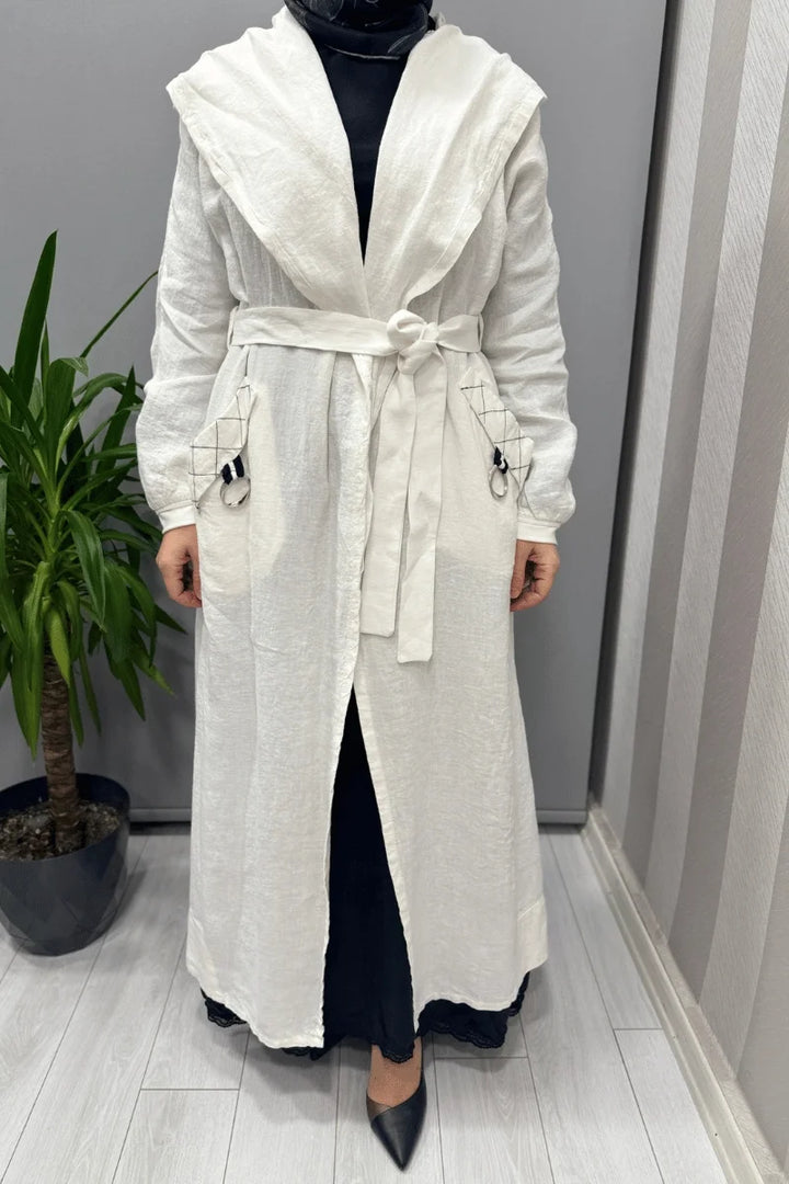Misswhence Kapüşonlu Keten Kap 37401 - Beyaz - Görsel 2 
