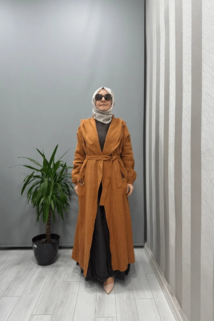 Misswhence Kapüşonlu Keten Kap 37401 - Tarçın - Görsel 1 
