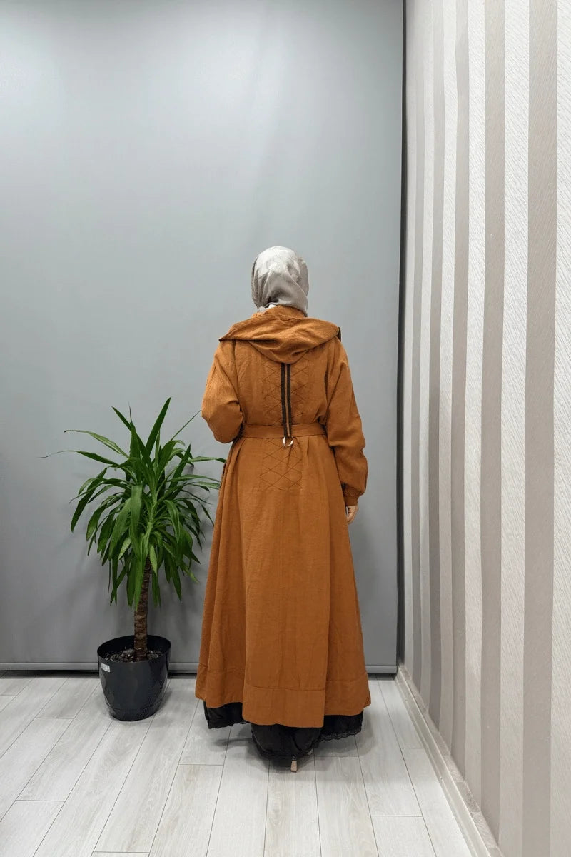 Misswhence Kapüşonlu Keten Kap 37401 - Tarçın - Görsel 3 