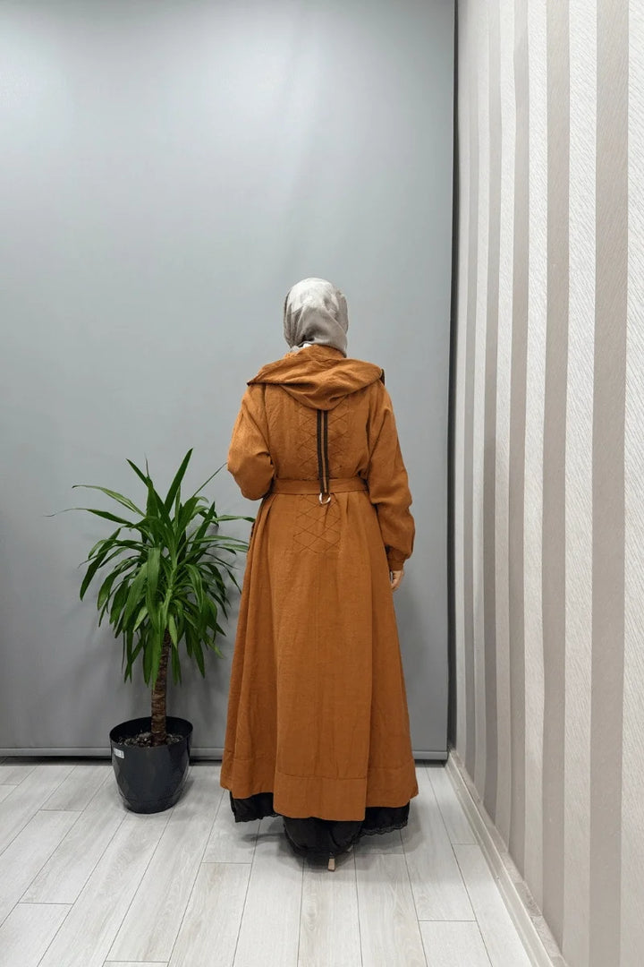 Misswhence Kapüşonlu Keten Kap 37401 - Tarçın - Görsel 3 