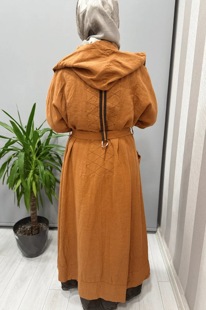 Misswhence Kapüşonlu Keten Kap 37401 - Tarçın - Görsel 4 