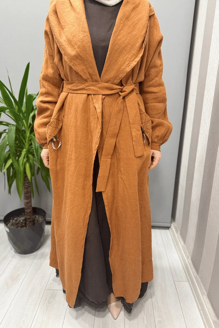 Misswhence Kapüşonlu Keten Kap 37401 - Tarçın - Görsel 5 