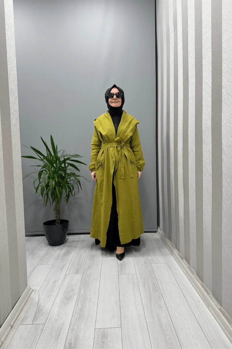 Misswhence Kapüşonlu Keten Kap 37401 - Yeşil - Görsel 1 