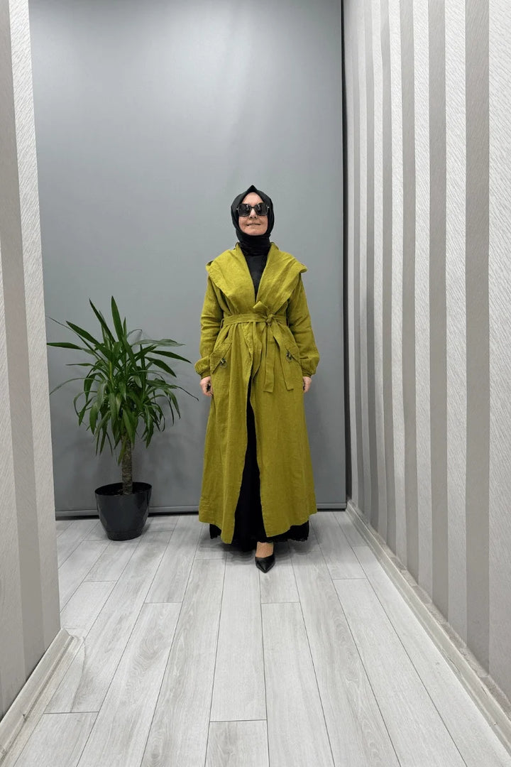 Misswhence Kapüşonlu Keten Kap 37401 - Yeşil - Görsel 1 