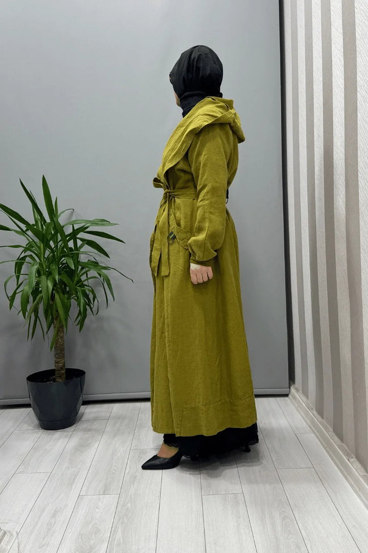 Misswhence Kapüşonlu Keten Kap 37401 - Yeşil - Görsel 2 