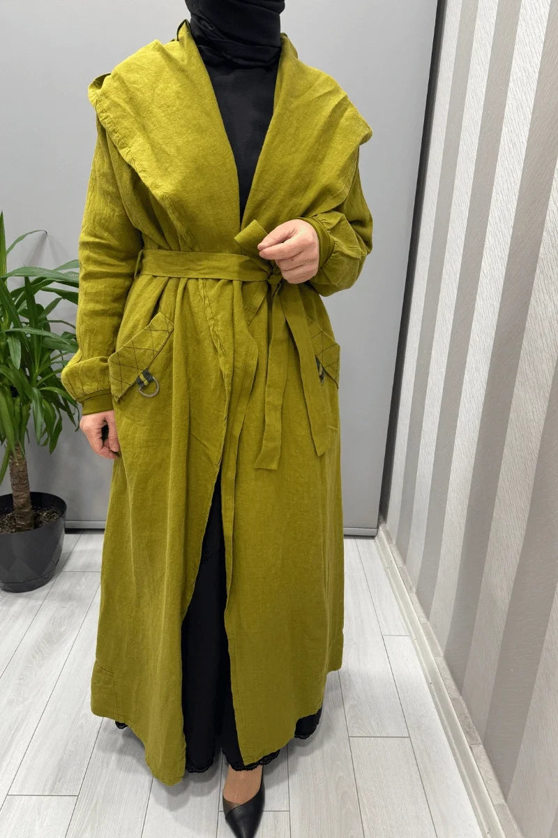 Misswhence Kapüşonlu Keten Kap 37401 - Yeşil - Görsel 3 