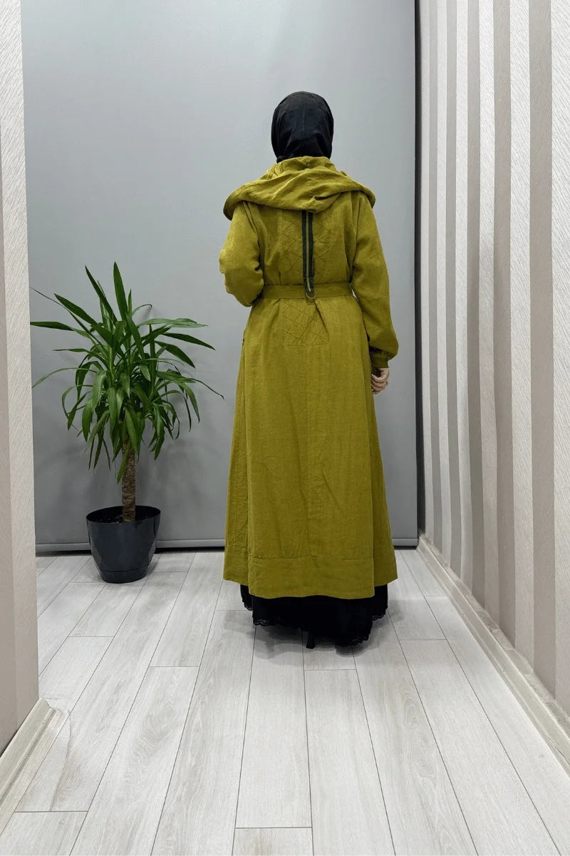 Misswhence Kapüşonlu Keten Kap 37401 - Yeşil - Görsel 5 