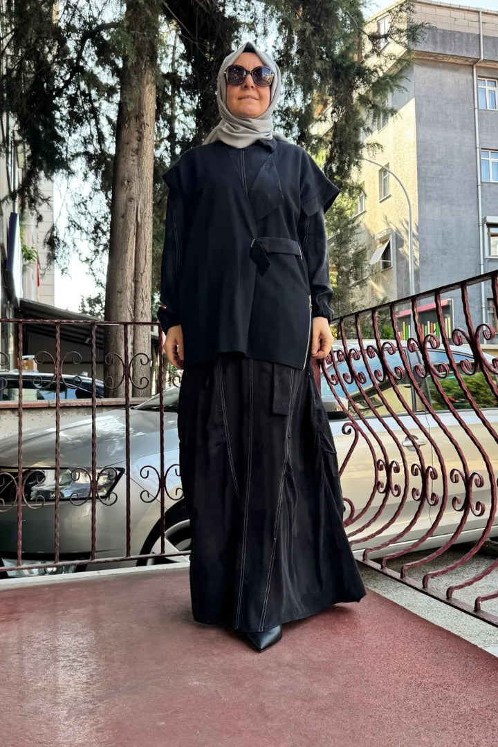 MissWhence Keçe Yelekli Cupro İpek Elbise 36819 - Siyah - Görsel 1 