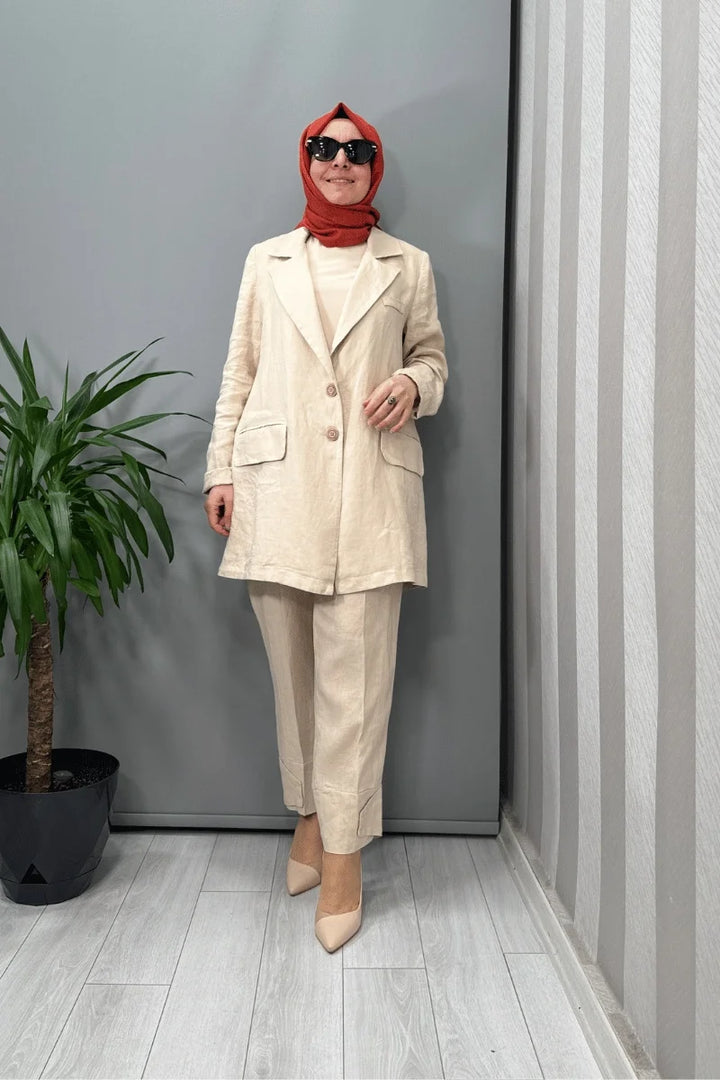 Misswhence Keten Ceket Pantolon Takım 37207 - Bej - Görsel 2 
