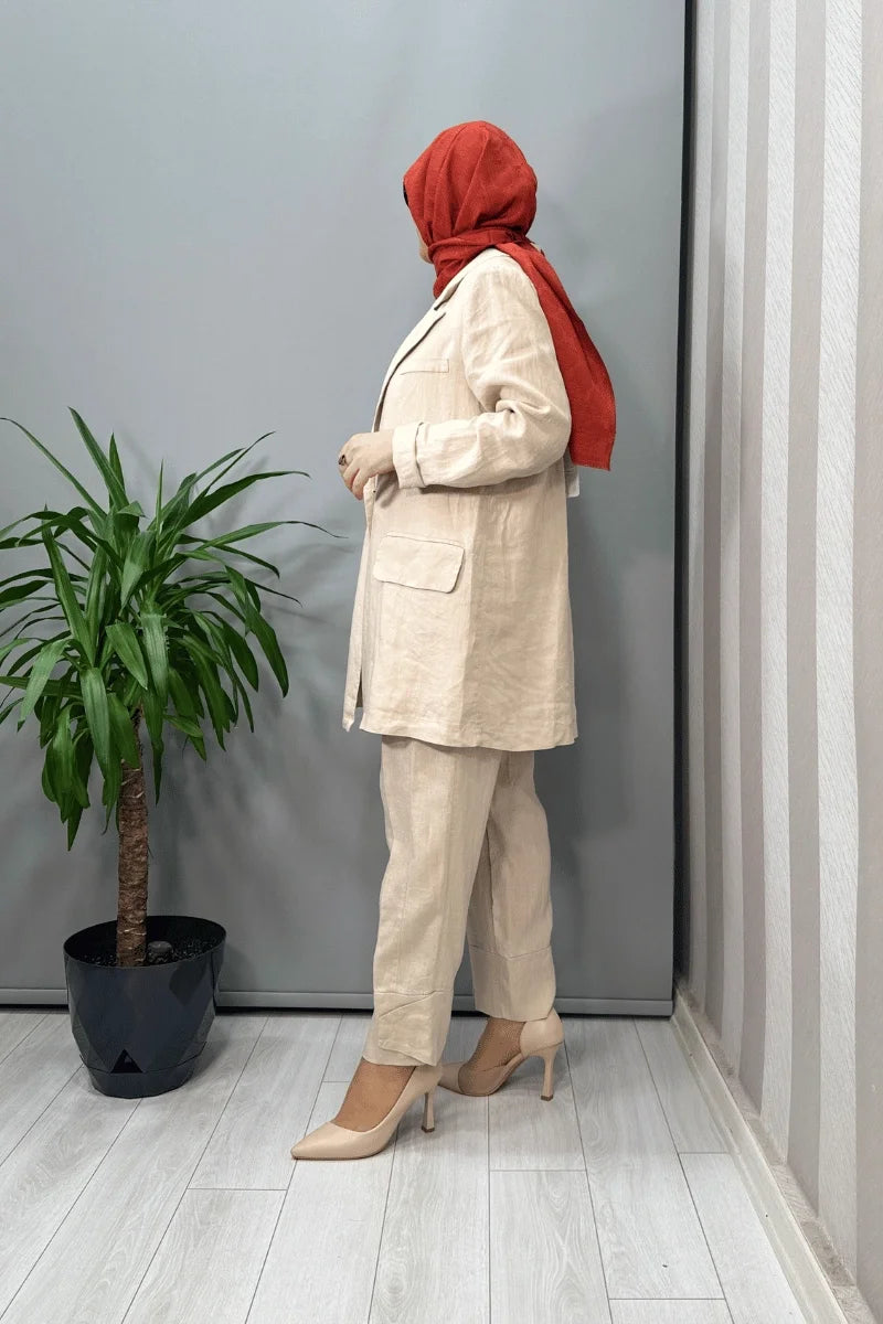 Misswhence Keten Ceket Pantolon Takım 37207 - Bej - Görsel 6 