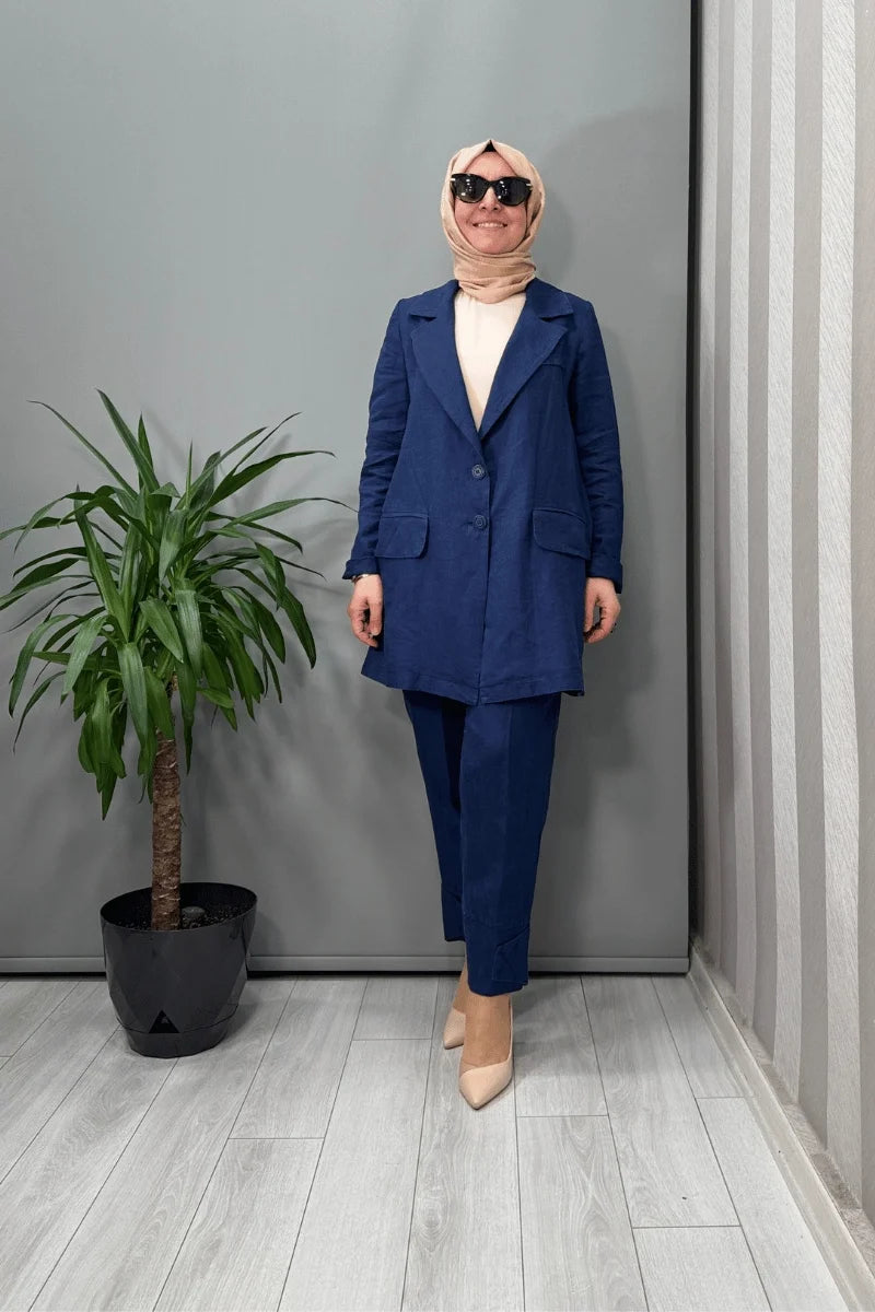 Misswhence Keten Ceket Pantolon Takım 37207 - Lacivert - Görsel 2 