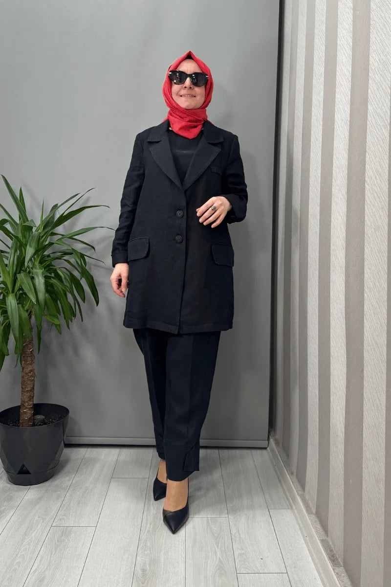 Misswhence Keten Ceket Pantolon Takım 37207 - Siyah - Görsel 2 #renk_siyah