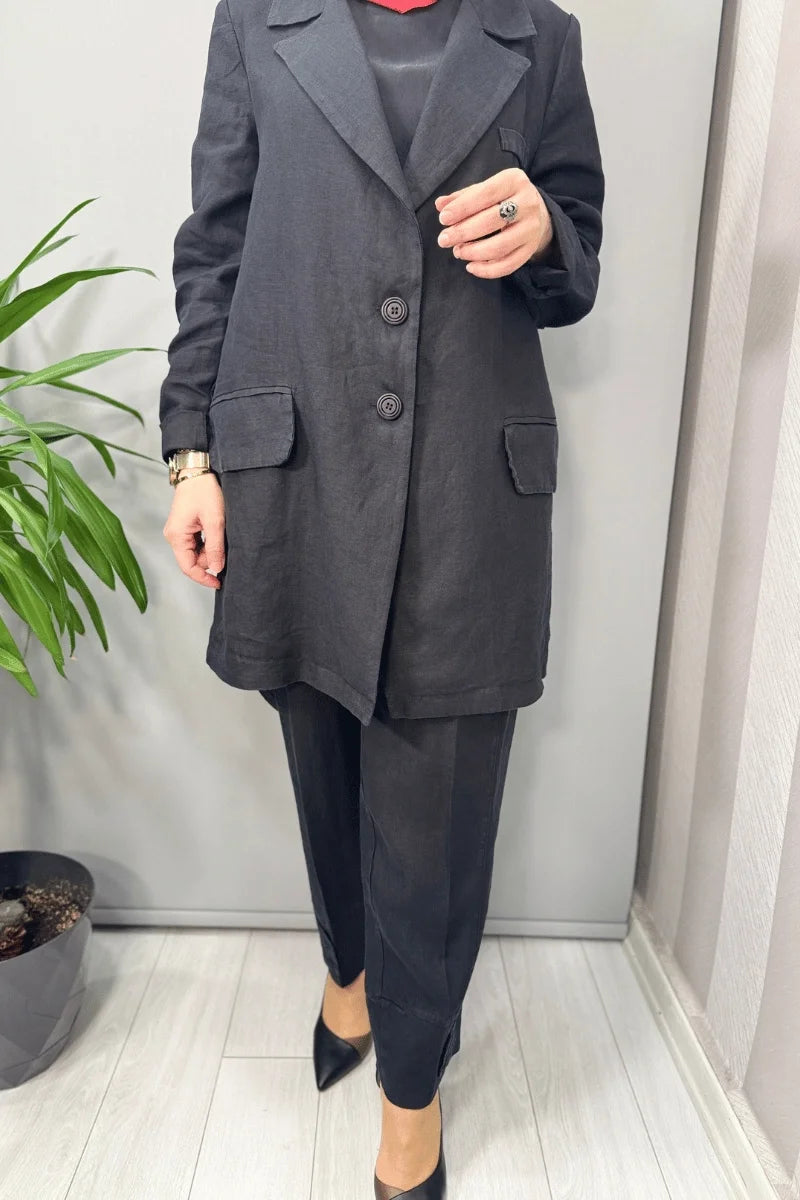 Misswhence Keten Ceket Pantolon Takım 37207 - Siyah - Görsel 4 