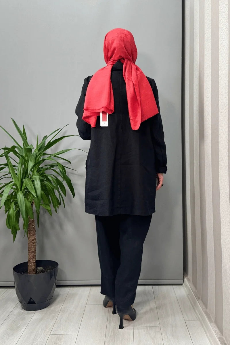 Misswhence Keten Ceket Pantolon Takım 37207 - Siyah - Görsel 5 