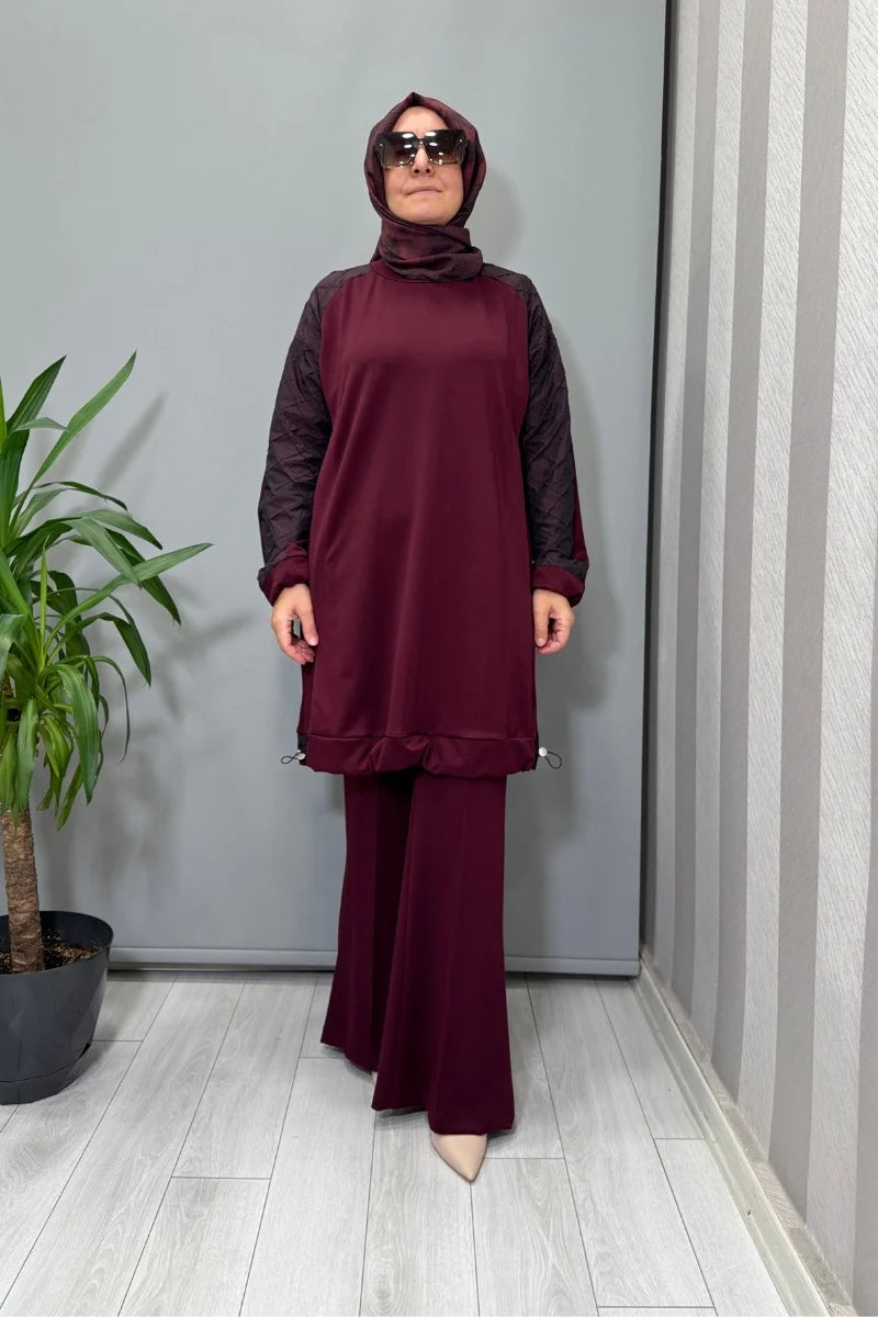 Misswhence Kolu Kumaş ve Diliş Detaylı Tunik 38040 - Bordo - Görsel 1 
