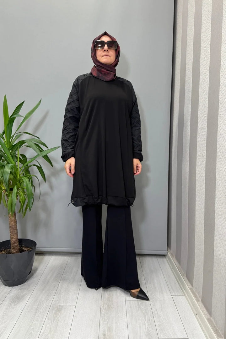 Misswhence Kolu Kumaş ve Diliş Detaylı Tunik 38040 - Siyah - Görsel 1 