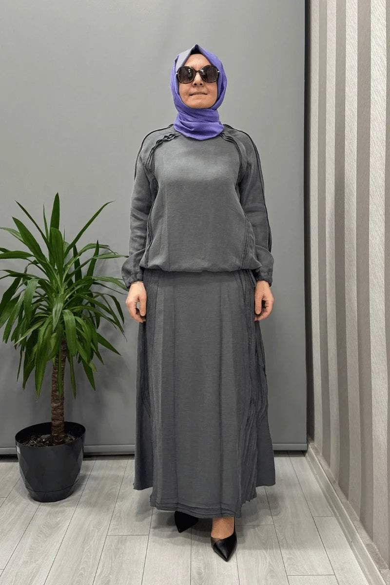 Misswhence Nervürlü İpek Keten Takım 37009 - Gri - Görsel 1 #renk_gri