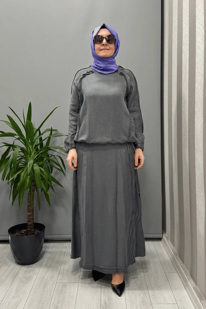 Misswhence Nervürlü İpek Keten Takım 37009 - Gri - Görsel 1 
