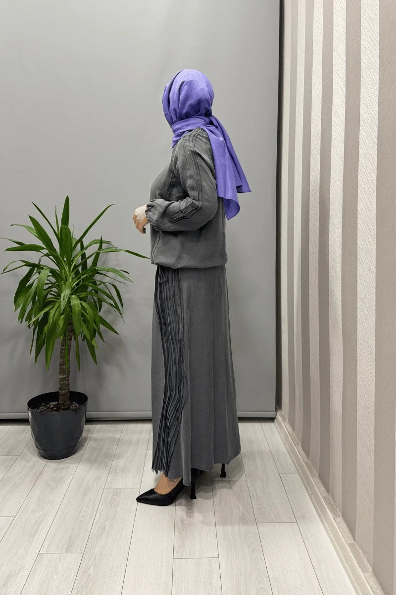 Misswhence Nervürlü İpek Keten Takım 37009 - Gri - Görsel 2 #renk_gri