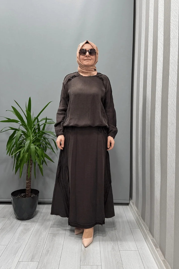 Misswhence Nervürlü İpek Keten Takım 37009 - Kahverengi - Görsel 1 