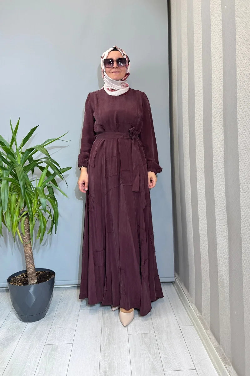 Misswhence Parça Detaylı Cupro İpek Elbise 39804 - Bordo - Görsel 1 
