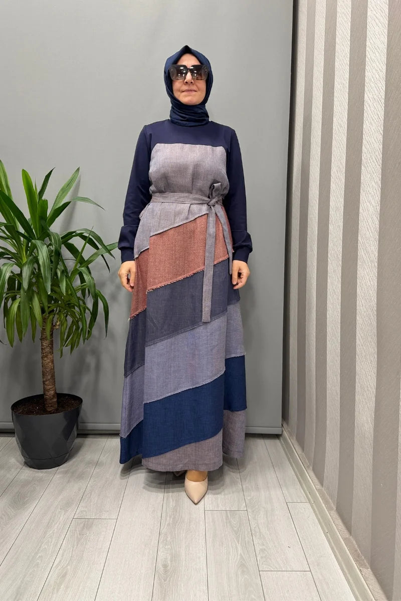 Misswhence Patchwork Elbise 38832 - Lacivert - Görsel 1 #renk_lacivert