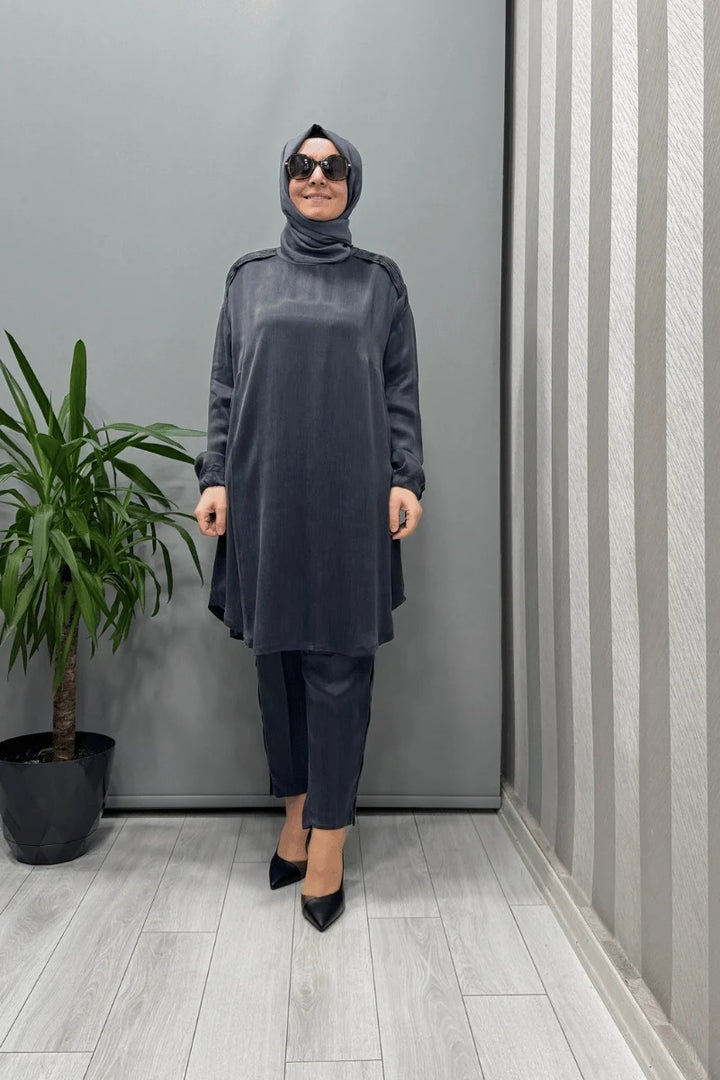 Misswhence Saten İpek Tunik Pantolon Takım 37017 - Antrasit - Görsel 1 