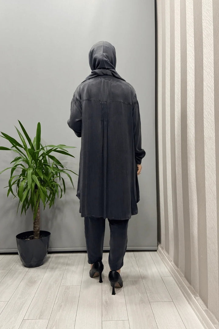 Misswhence Saten İpek Tunik Pantolon Takım 37017 - Antrasit - Görsel 5 