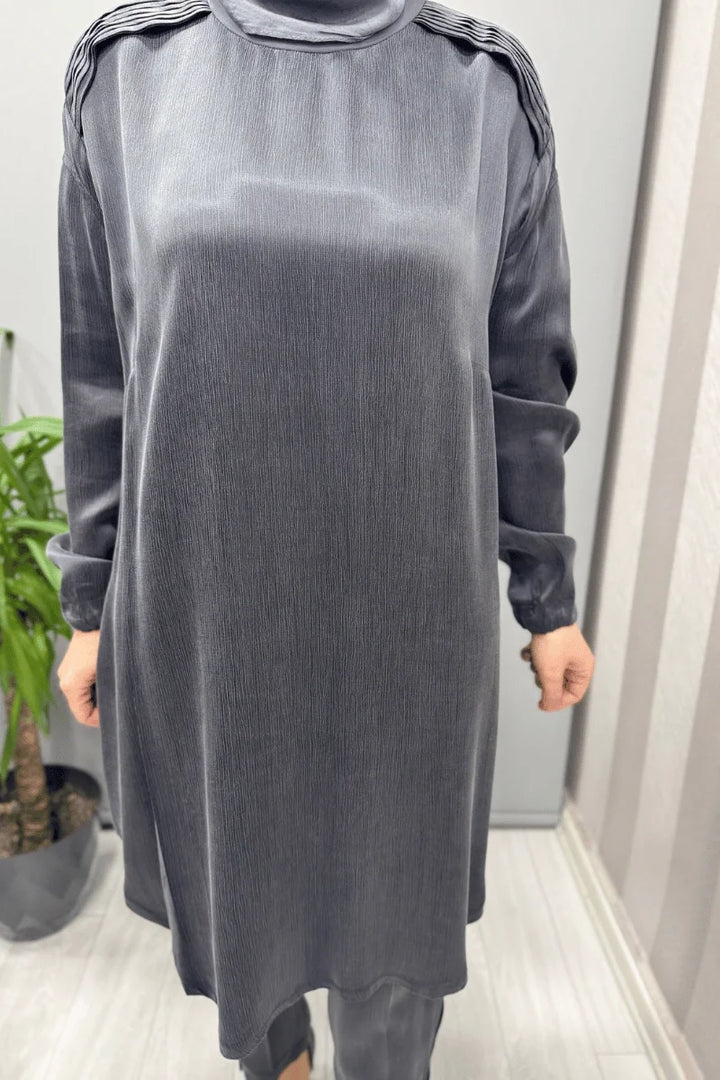 Misswhence Saten İpek Tunik Pantolon Takım 37017 - Antrasit - Görsel 6 