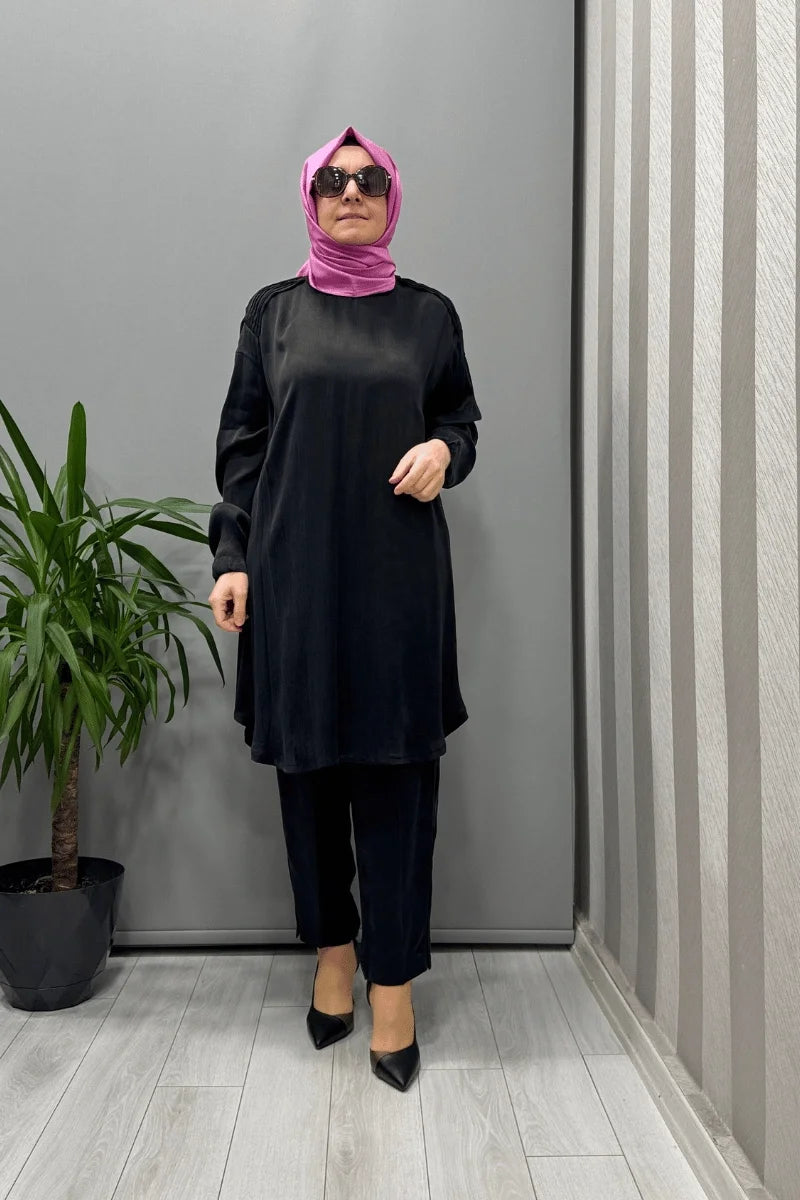 Misswhence Saten İpek Tunik Pantolon Takım 37017 - Siyah - Görsel 1 
