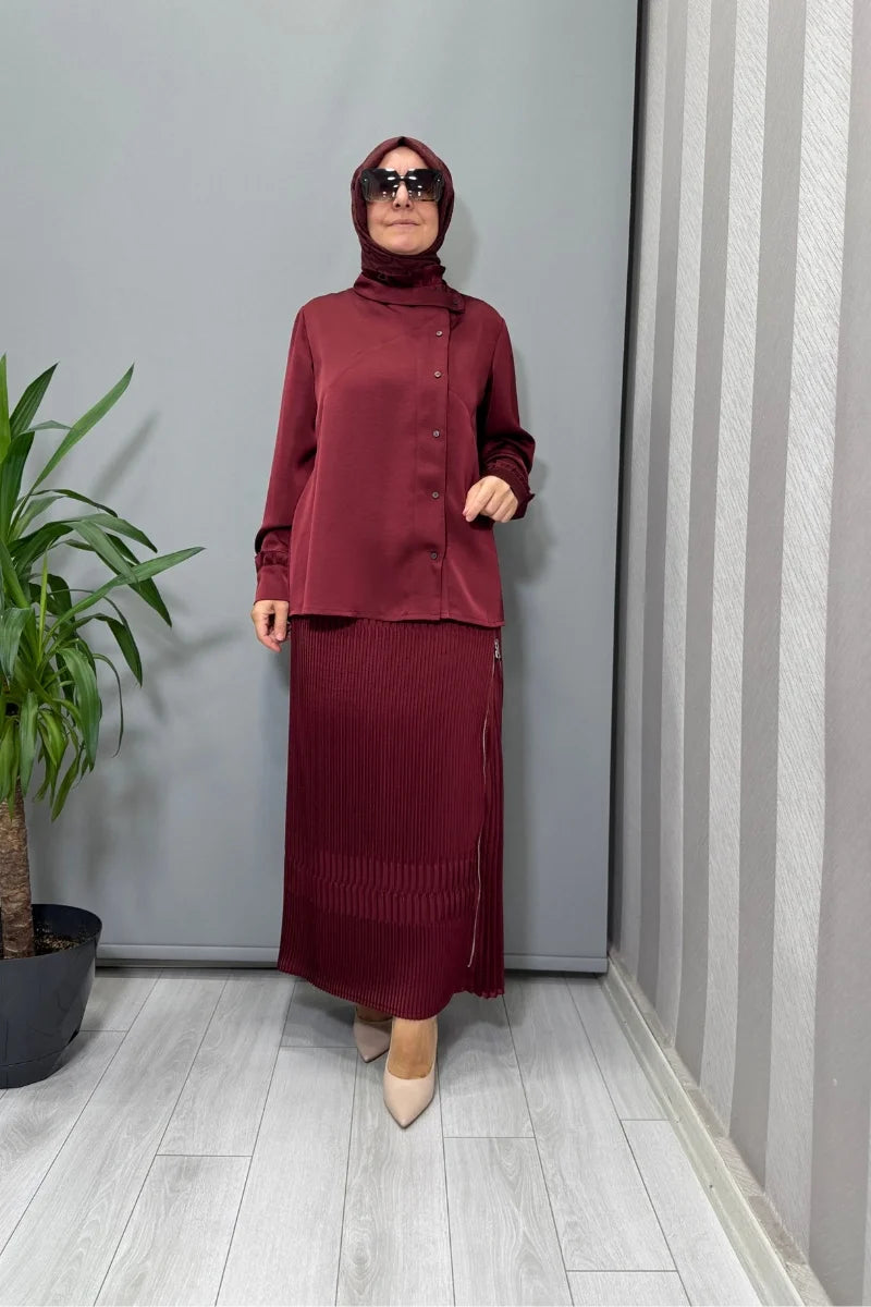 Misswhence Saten Pliseli Etek Takım 38015 - Bordo - Görsel 1 
