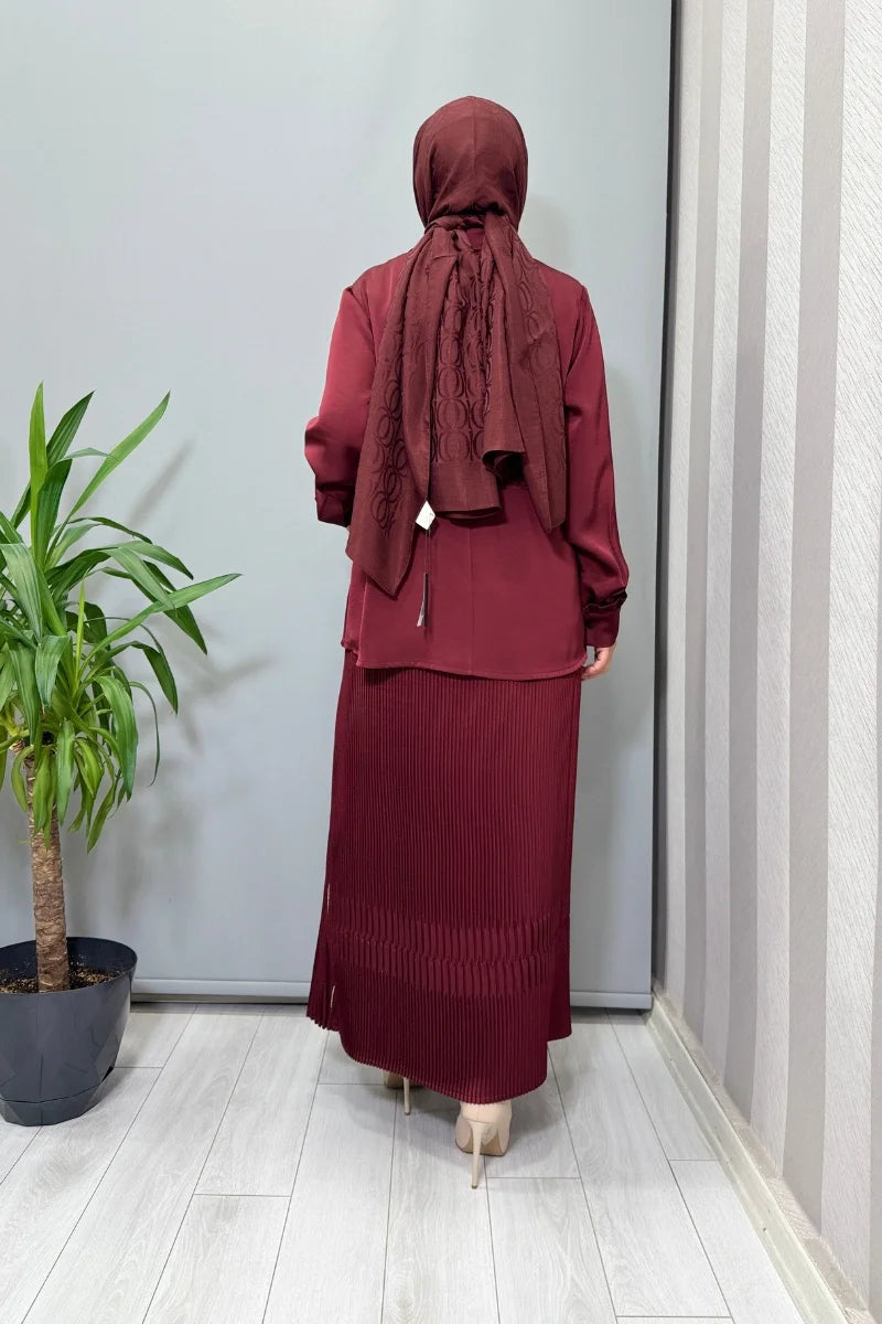 Misswhence Saten Pliseli Etek Takım 38015 - Bordo - Görsel 4 