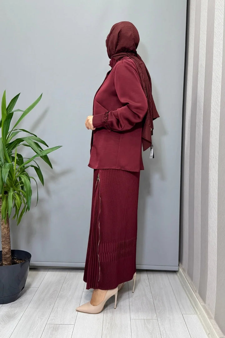Misswhence Saten Pliseli Etek Takım 38015 - Bordo - Görsel 2 
