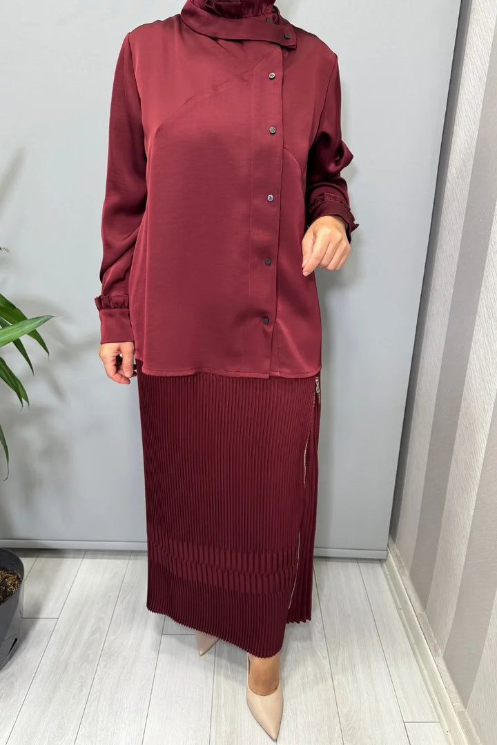 Misswhence Saten Pliseli Etek Takım 38015 - Bordo - Görsel 3 