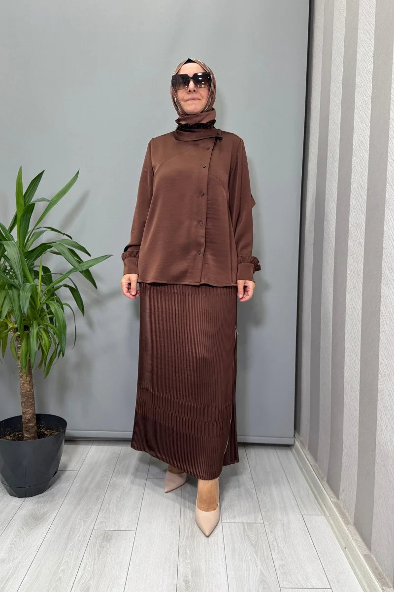 Misswhence Saten Pliseli Etek Takım 38015 - Kahve - Görsel 1 