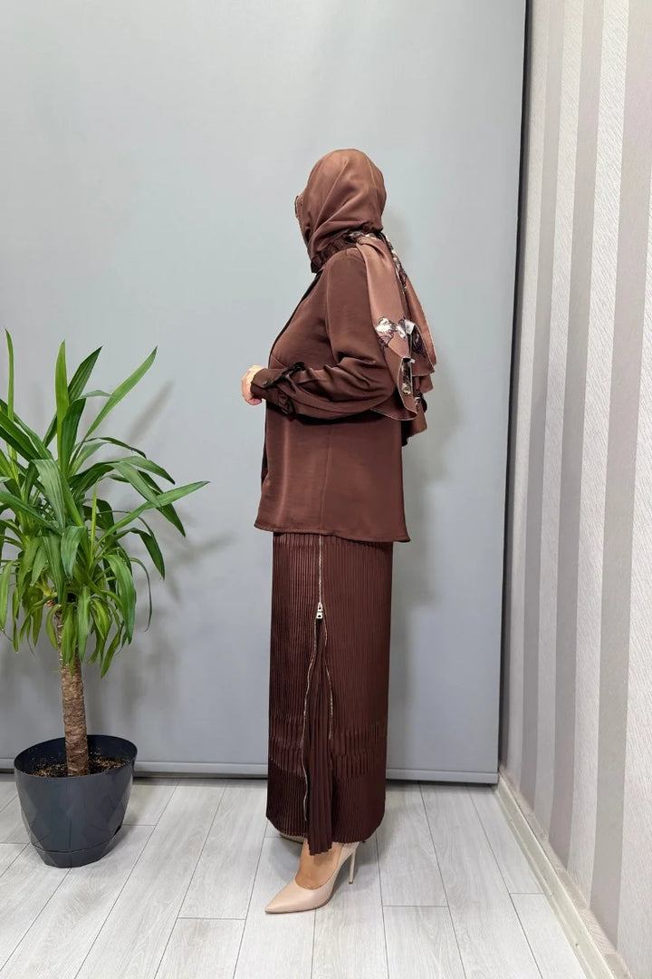Misswhence Saten Pliseli Etek Takım 38015 - Kahve - Görsel 2 