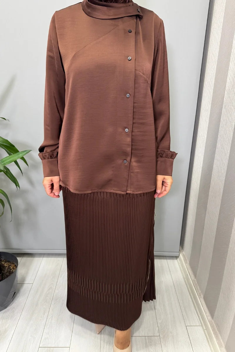 Misswhence Saten Pliseli Etek Takım 38015 - Kahve - Görsel 4 