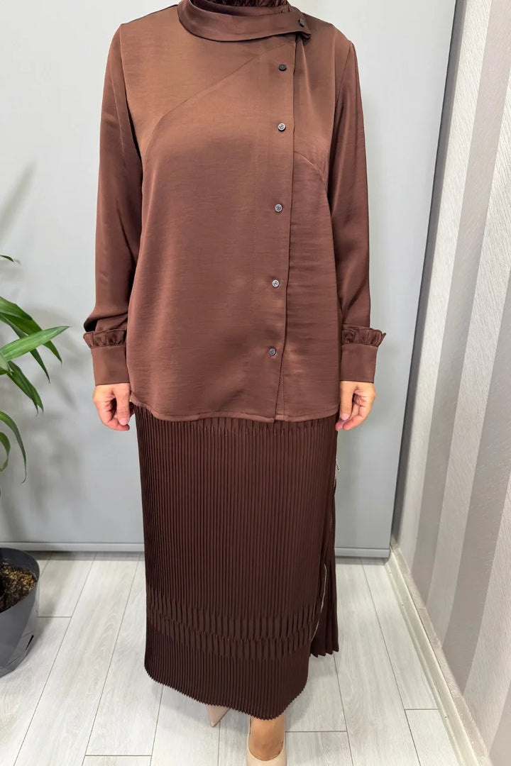 Misswhence Saten Pliseli Etek Takım 38015 - Kahve - Görsel 4 