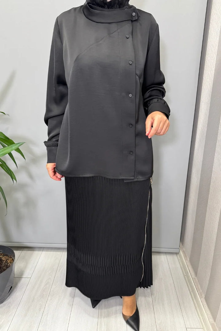 Misswhence Saten Pliseli Etek Takım 38015 - Siyah - Görsel 3 