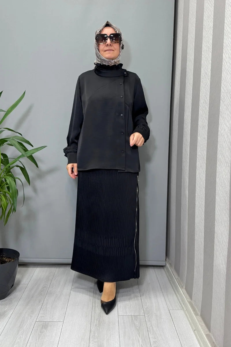 Misswhence Saten Pliseli Etek Takım 38015 - Siyah - Görsel 1 #renk_siyah