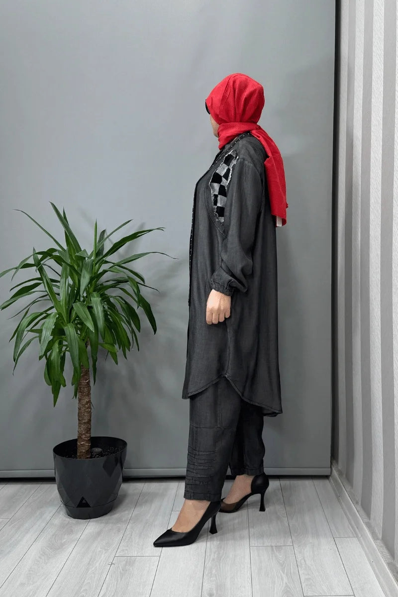 Misswhence Kot Gömlek Pantolon Takım 37307 - Gri - Görsel 3 
