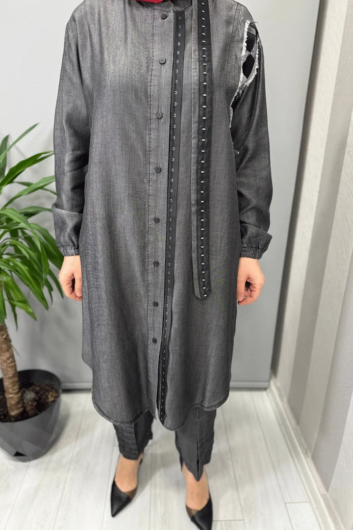 Misswhence Kot Gömlek Pantolon Takım 37307 - Gri - Görsel 4 