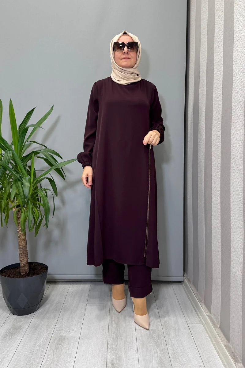 Misswhence Yandan Fermuar Detaylı Tunik Pantolon Takım 38028 - Bordo - Görsel 1 #renk_bordo