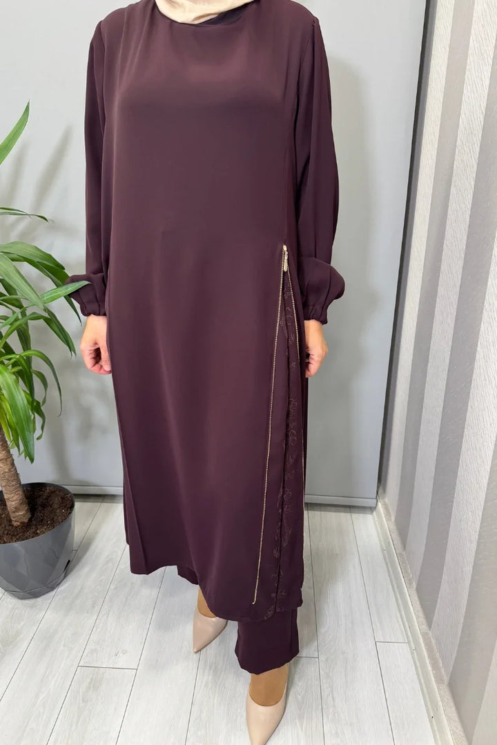 Misswhence Yandan Fermuar Detaylı Tunik Pantolon Takım 38028 - Bordo - Görsel 4 
