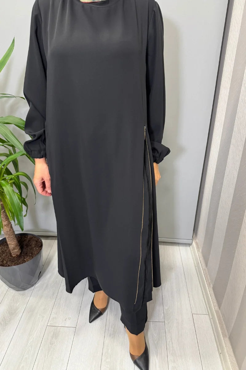 Misswhence Yandan Fermuar Detaylı Tunik Pantolon Takım 38028 - Siyah - Görsel 4 