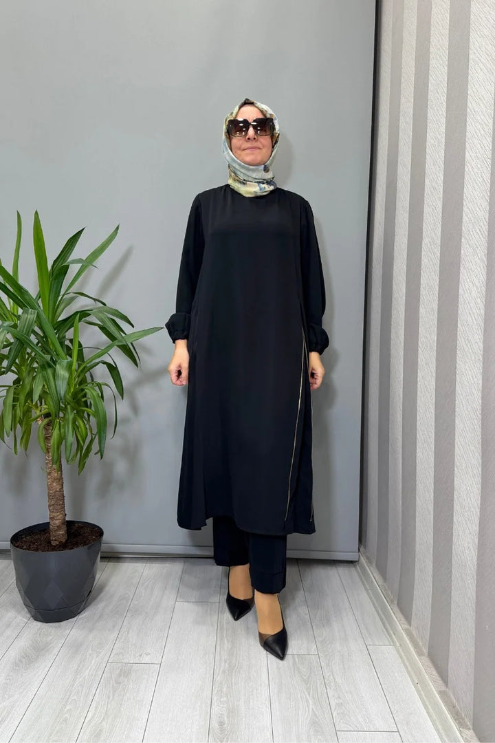 Misswhence Yandan Fermuar Detaylı Tunik Pantolon Takım 38028 - Siyah - Görsel 1 