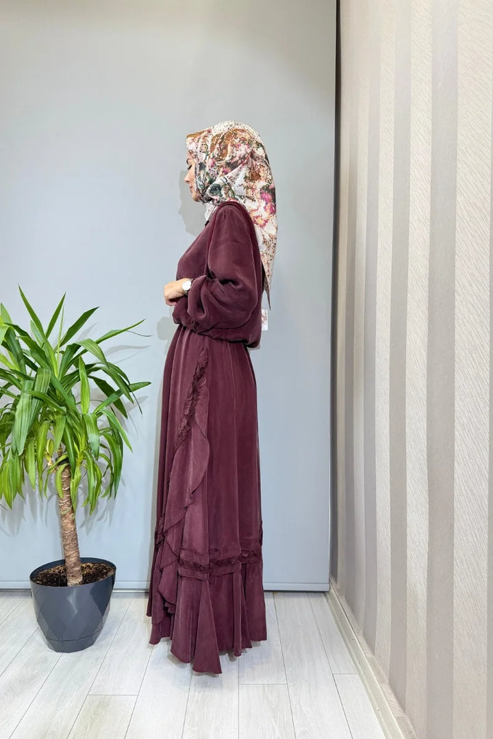 Misswhence Yelekli Cupra İpek Elbise 39815 - Bordo - Görsel 4 