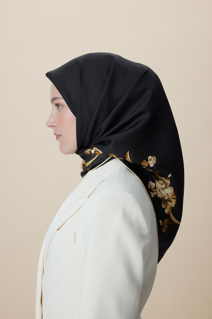 NEVA ÇİFT TARAFLI TİVİL İPEK EŞARP 90*90 CM - SİYAH - Görsel 6