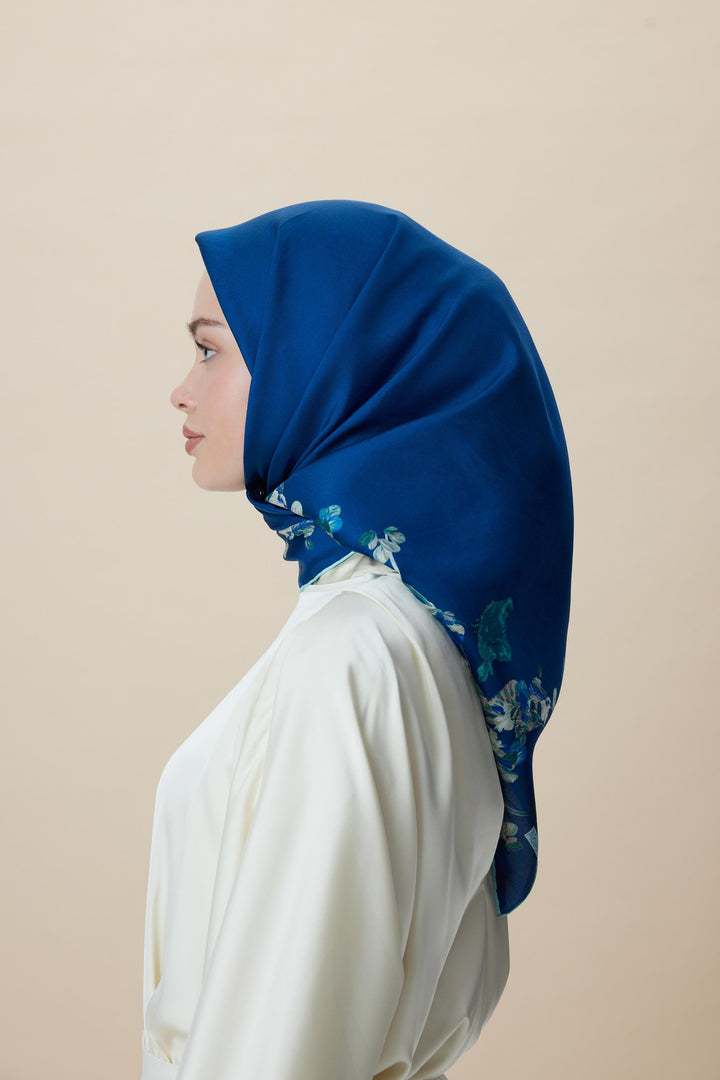 NEVA ÇİFT TARAFLI TİVİL İPEK EŞARP 90*90 CM - LACİVERT MAVİ - Görsel 16